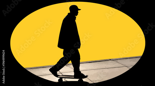 A silhouetted individual on a skateboard moves forward against a bright yellow background