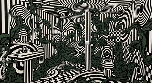 Black and white optical illusion art.