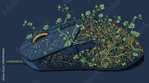 A computer mouse design featuring intricate gilded patterns and flourishing green vines