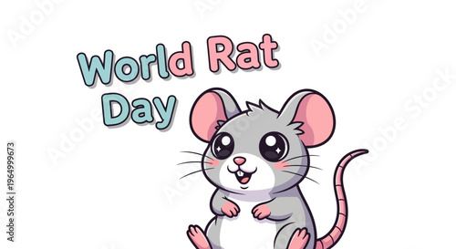 A cute cartoon rat with large ears and pink nose and tail, standing on hind legs, with 'World Rat Day' text above, in a colorful illustration with a white background.