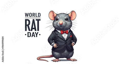 Illustration of a rat in a tuxedo with a red bow tie on World Rat Day, against a clean white background.