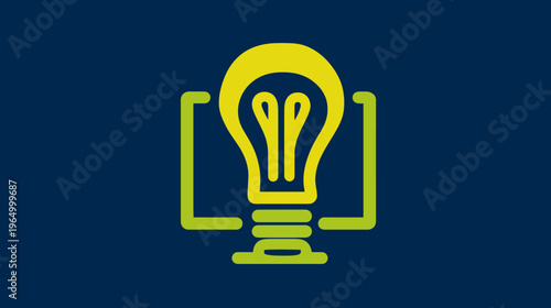 A minimalist icon featuring a light bulb design, encased in a square, on a dark blue background