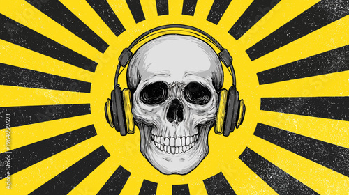 Skull illustration wearing headphones against a sunburst background, bold lines and grungy textures