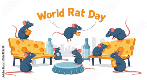 Illustration of rats on World Rat Day sitting on a couch and floor with bottles and a plate, with a vector design celebrating pet rat appreciation and rodent behavior.