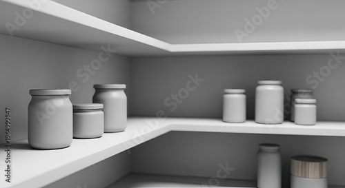 Gray kitchen shelves with empty jars.