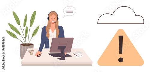 Customer service, troubleshooting, online problems, IT support, communication, information systems. Woman using computer with speech bubble. Customer service and troubleshooting concept