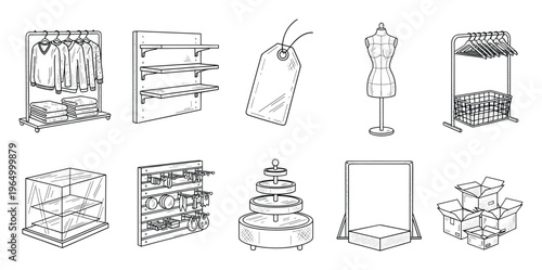 Retail store display equipment and garment racks in a simple line drawing style for business inventory and shop organization concepts