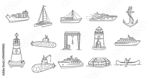 A comprehensive collection of different water transportation vehicles and marine equipment presented as outline drawings for educational resources and nautical themed projects