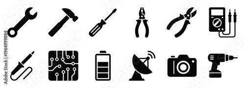 Collection of essential hand tools and electronic devices icons perfect for technical repair service guides industrial maintenance projects and DIY hardware shop promotions
