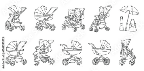 Collection of essential baby transportation items including various strollers prams and accessories perfect for illustrating parenting guides nursery decor or childrens product