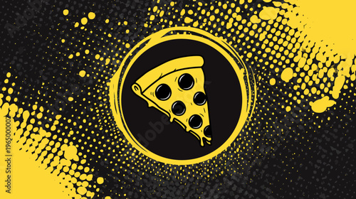 A stylized slice of pizza with circular design. Background has black and yellow spotted pattern