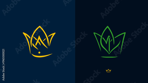 Minimalist crown illustrations in yellow and green against a dark background, with a small crown at the bottom