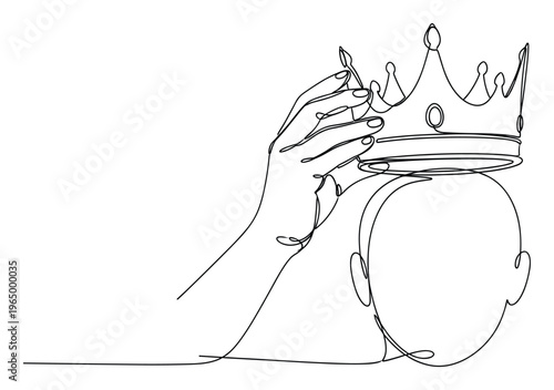 A continuous line drawing of a hand placing a royal crown on a persons head, symbolizing ambition and the pursuit of power, ideal for concepts of leadership and achievement