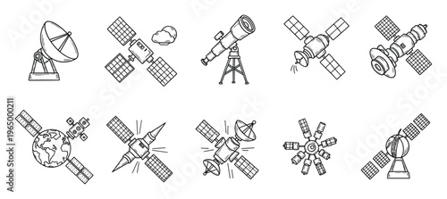Collection of handdrawn space technology icons featuring various satellites, a radar dish, and a telescope, perfect for science education and digital media projects