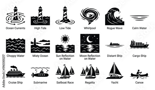 Comprehensive collection of ocean and nautical symbols depicting various marine conditions and vessels perfect for travel, adventure, and maritime safety related applications