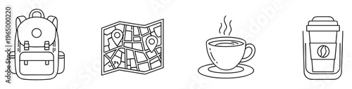Line icons set for travel and daily routines, showcasing a backpack, detailed map, steaming coffee cup, and portable drink container, ideal for web and application graphic design