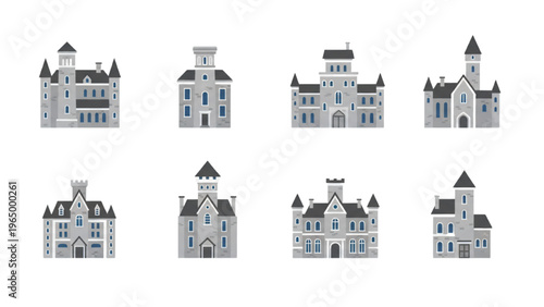 Flat design icons of historic buildings, showcasing elegant classic architecture