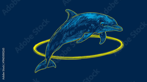 A leaping dolphin illustration in blue, outlined in yellow, a yellow ring, set against a dark blue background