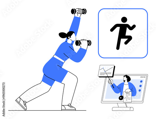 Fitness training. Fitness enthusiasts engaging with online workout sessions highlighting exercise routines. Fitness motivates health management and virtual gym experiences. For wellness, sports apps