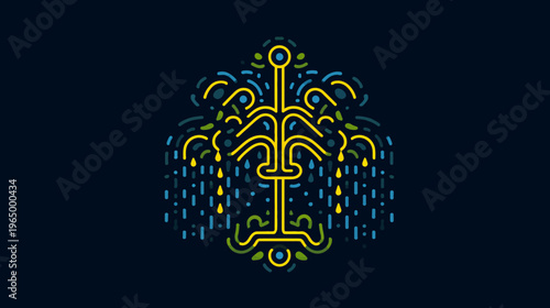 Stylized symmetrical design featuring a central yellow form on a dark blue background, with droplet details