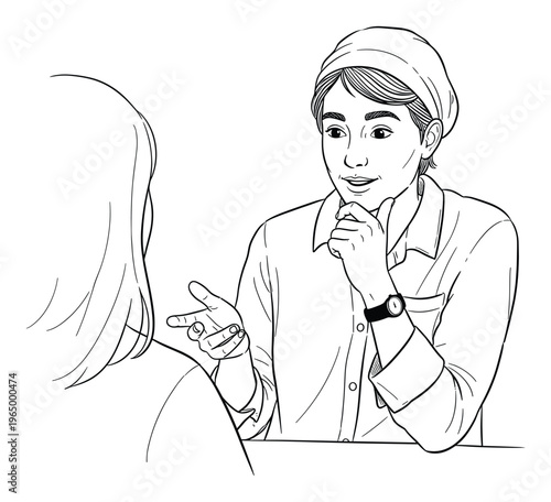 An Asian man actively engaged in a lively conversation, discussing ideas with a listener while gesturing and contemplating, suitable for various business communication and collaboration