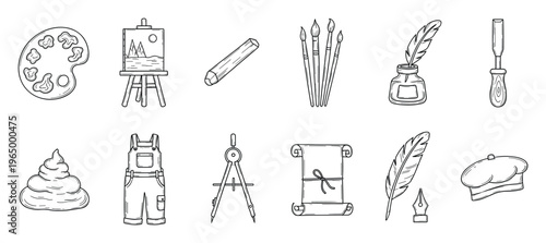 Collection of essential instruments and supplies for various artistic endeavors and craftsmanship perfect for graphic resources, educational materials, and creative project assets