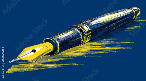 Illustration of a pen, with yellow nib and gold accents on a deep blue background