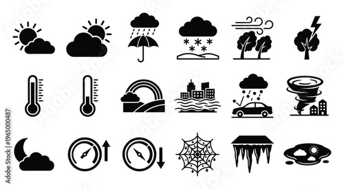 Comprehensive set of black weather and climate forecast icons representing various meteorological conditions suitable for mobile applications websites and educational presentations