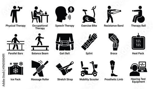 This comprehensive collection features various physical, occupational, and speech therapy equipment and activities, perfect for healthcare educational resources and medical facility