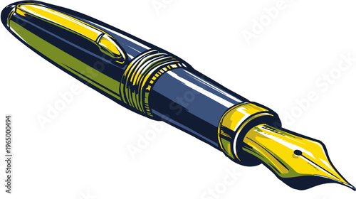 A vector illustration of a detailed fountain pen, rendered in blue, yellow, and green