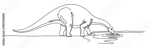 Continuous single line drawing depicting a large longnecked dinosaur bending down to drink water from a rippling pond, ideal for educational content and prehistoric animal themes.