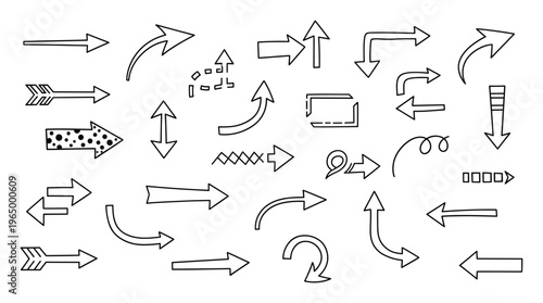 Diverse hand drawn black outline doodle arrows and pointers collection offering various directional indicators for infographics navigation guides or creative graphic design projects