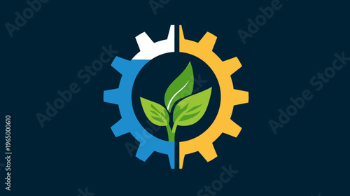 A cogwheel, divided into sections of white, blue and gold, encircles a growing plant