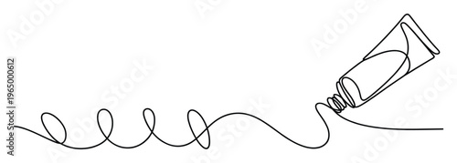 Stylish black outline drawing of a tube squeezing out a continuous winding line with loops, ideal for abstract graphic design, creative industry promotions, or craft inspiration.