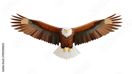 A geometric illustration of an eagle with outstretched wings against a white background