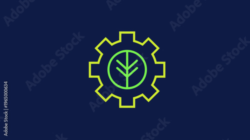 A cogwheel, outlined in yellow, surrounds a green circle with a stylized plant inside. Set against a dark blue background