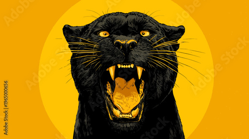A black cat roars with yellow eyes and open mouth, set against an orange background