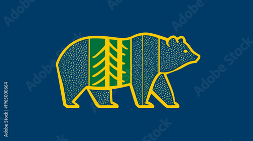 A stylized bear with a green forest within its outline. Yellow lines and blue background