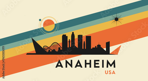 Stylized retro-inspired cityscape graphic illustration of Anaheim California with vibrant rainbow stripes and abstract celestial