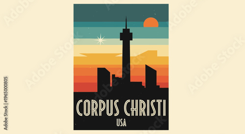 Stylized retro sunset cityscape skyline of corpus christi texas with iconic tower and vibrant colors