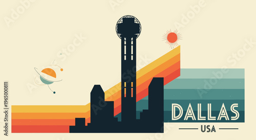 Modern stylized illustration of downtown Dallas skyline with prominent observation tower and vibrant sunset background