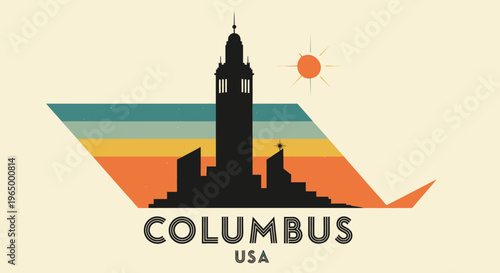 Stylized illustration of Columbus monument with retro sunset background emphasizing historical landmark in Ohio cityscape scene