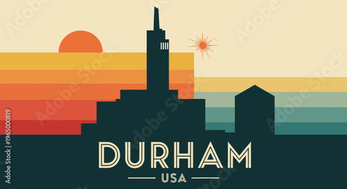 Stylized silhouette of the iconic downtown Durham skyline with sunset and abstract background
