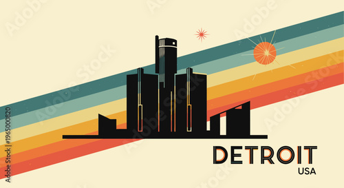 Abstract illustration of Detroit's skyline featuring retro color stripes and celestial elements capturing urban vibrancy and