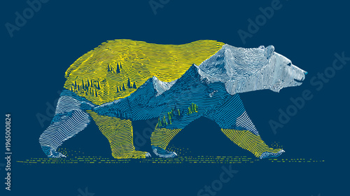Stylized graphic of a walking bear with mountain scene rendered within the outline