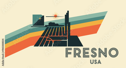 Stylized vintage-inspired illustration of the Fresno California cityscape with agricultural fields and landmark buildings