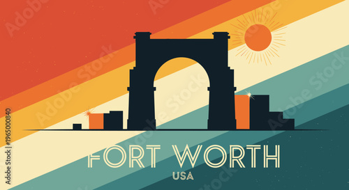 Stylized Minimalist Illustration of Fort Worth Skyline Featuring Landmark Arch and Sunset Scene in Abstract Palette