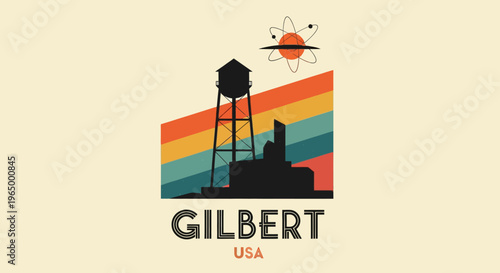 Retro-inspired silhouette of water tower and atom with rainbow background representing industrial and scientific themes in a