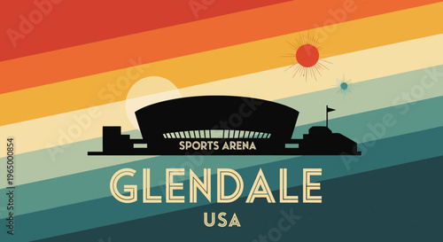 Vintage-style sunset over Glendale Sports Arena with vibrant rainbow stripes and celestial elements creating an inspiring sports