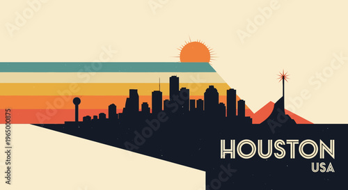 Stylized vintage-inspired urban sunset skyline of Houston Texas with prominent landmarks and vibrant colors